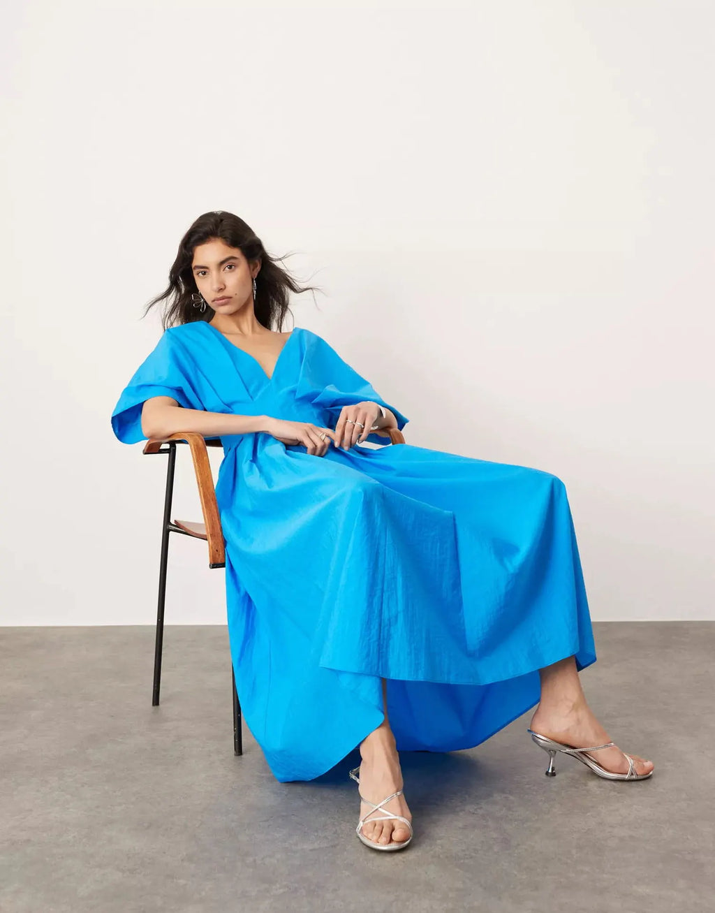 Antibes Linen Blend Princess Line Pleated Wide Puff Sleeve Midi Dress