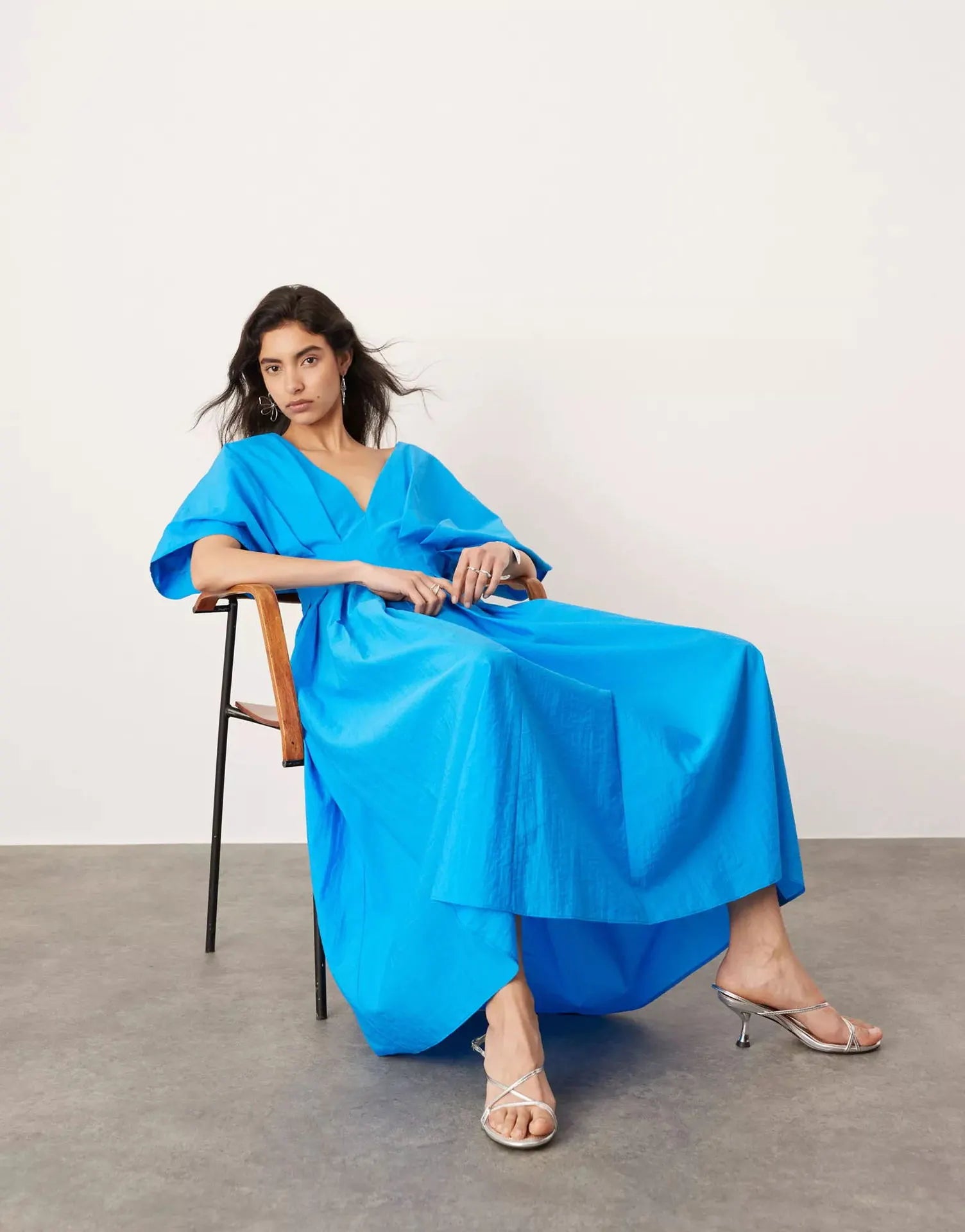 Antibes Linen Blend Princess Line Pleated Wide Puff Sleeve Midi Dress