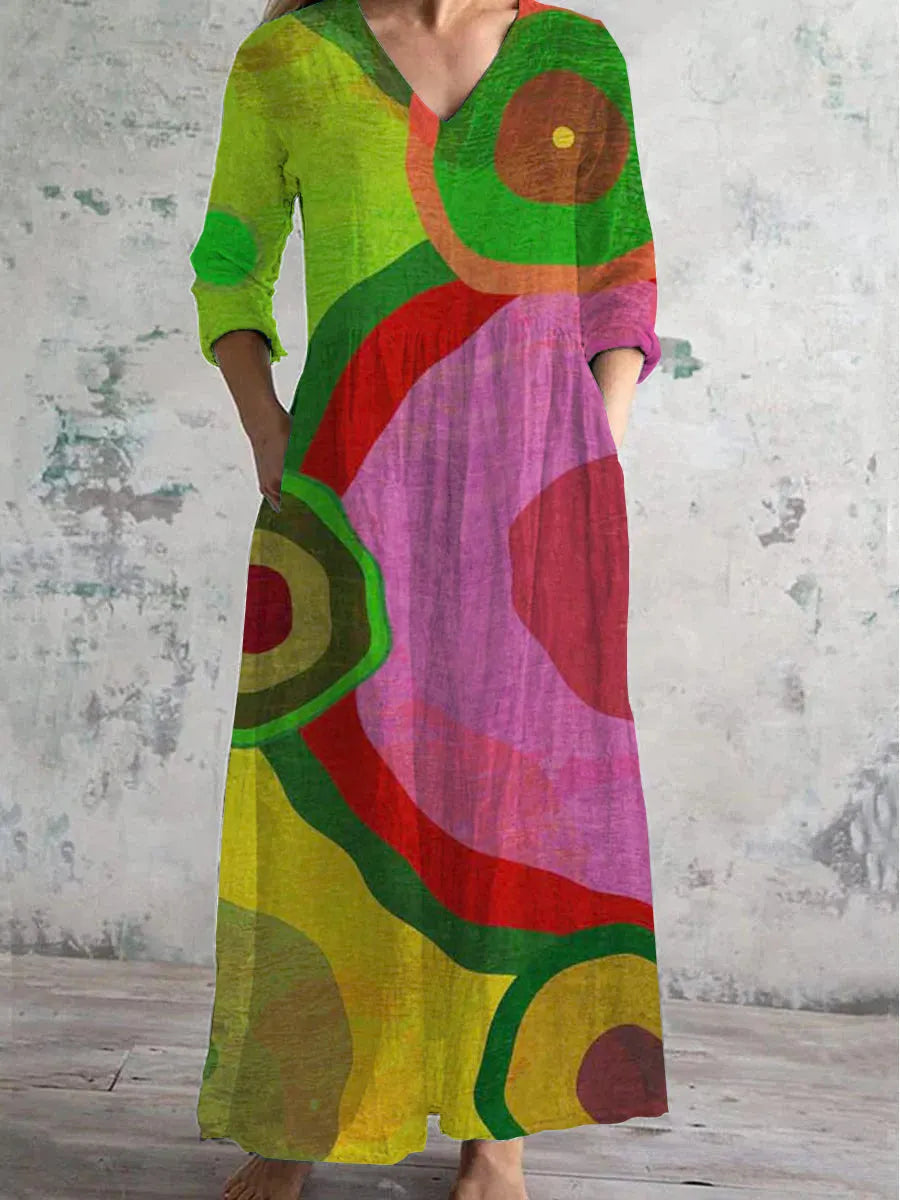 Women's V-Neck Abstract Geometric Art Cotton And Linen Pocket Dress