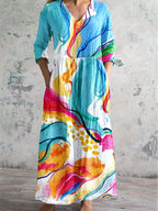 Women's Art Splash Art Print V-neck Cotton And Linen Dress