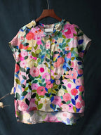 Women's Floral Print Casual Cotton And Linen Short-Sleeved Shirt