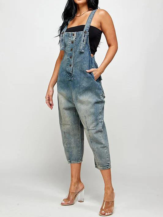 Fashion Casual Designer Style Denim Suspender Jumpsuit