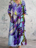 Women's V-Neck Floral Art Print Cotton And Linen Pocket Dress
