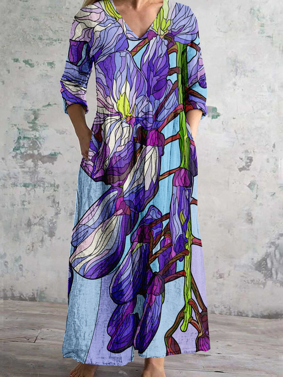 Women's V-Neck Floral Art Print Cotton And Linen Pocket Dress