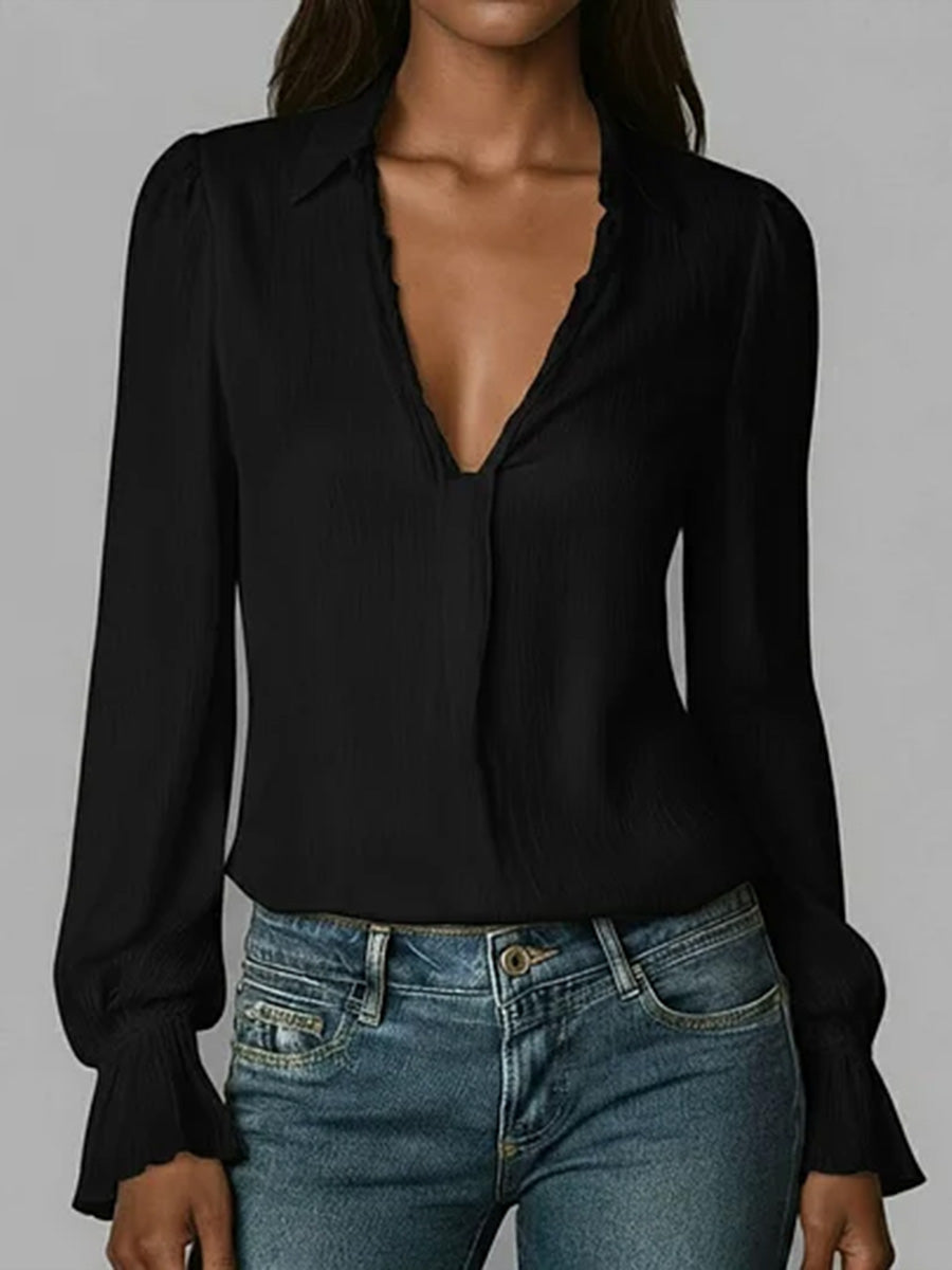 Damen Langarmshirt aus Baumwolle mit V-Ausschnitt, einfarbig, leger geschnitten