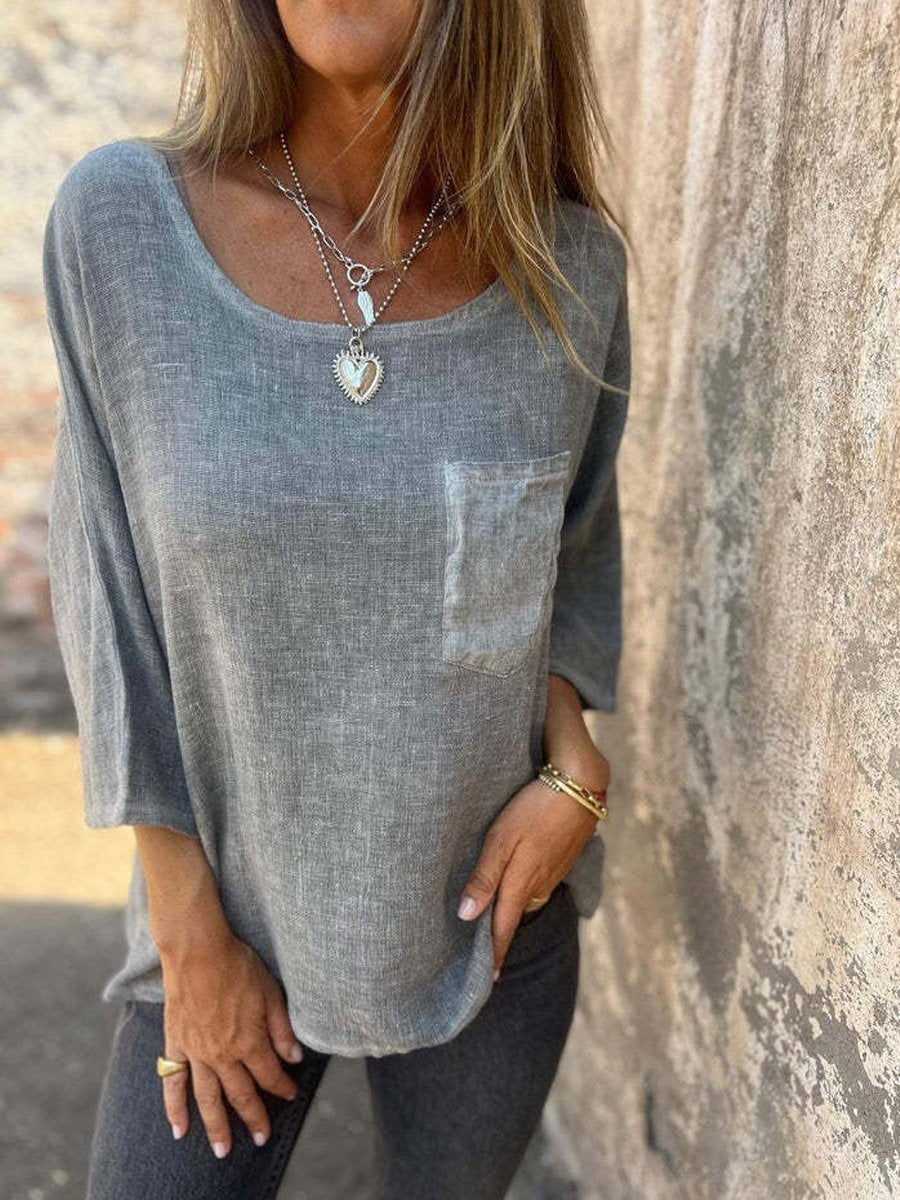Women's Cotton And Linen Round Neck Shirt with Pockets