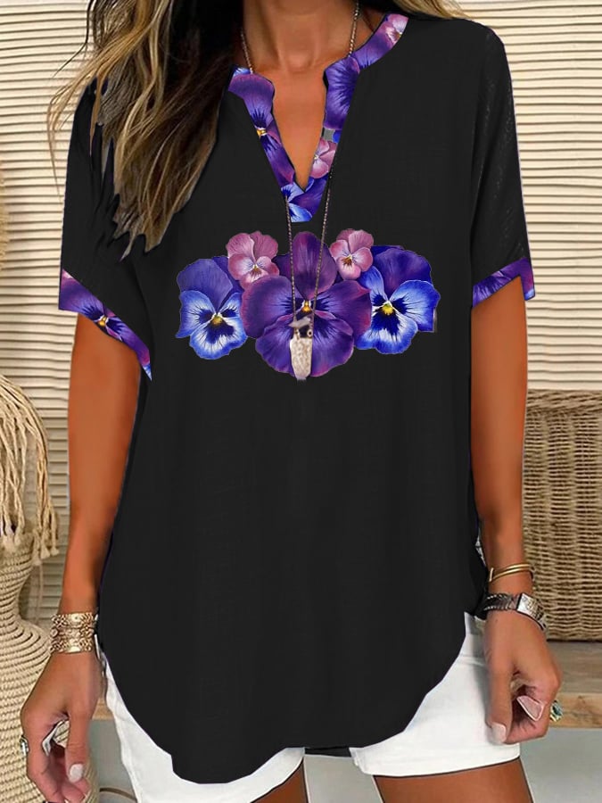 Women's Pansy Print V-Neck Loose Short Sleeve Shirt