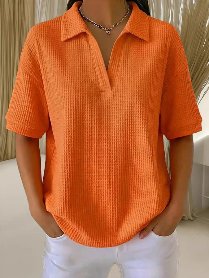 Women'S Casual Solid Color Lapel Short-Sleeved Top