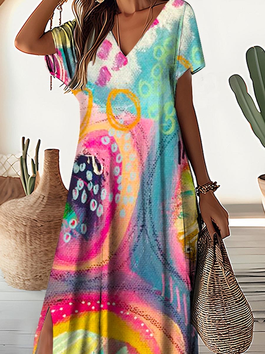 Women's Art Pattern Seaside Resort V-Neck Dress