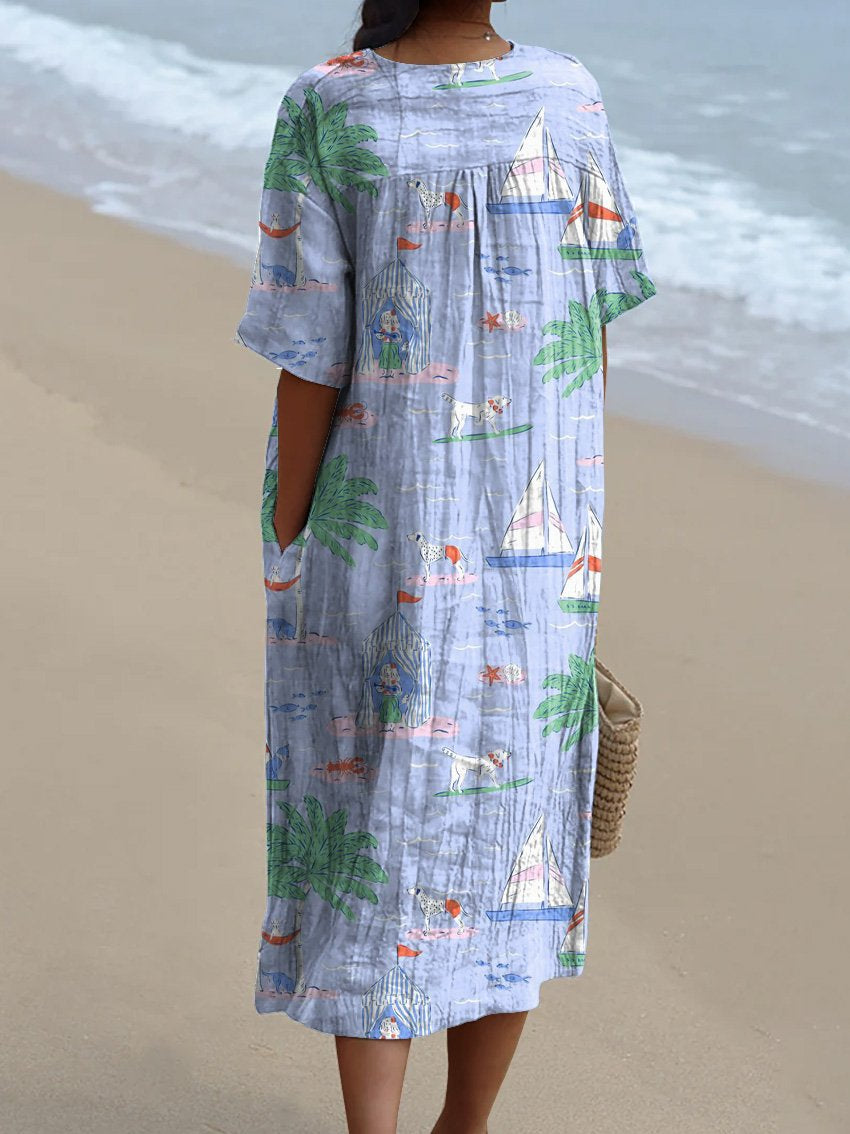 Summer Vacation And Puppy Dog Pattern Printed Women's Flowy Dress
