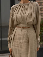 Pleated High Collar Shirt and Skirt Linen Two-piece Suit