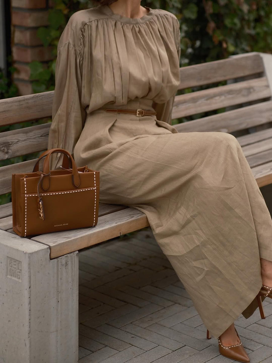 Pleated High Collar Shirt and Skirt Linen Two-piece Suit