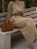 Pleated High Collar Shirt and Skirt Linen Two-piece Suit