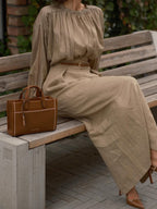 Pleated High Collar Shirt and Skirt Linen Two-piece Suit