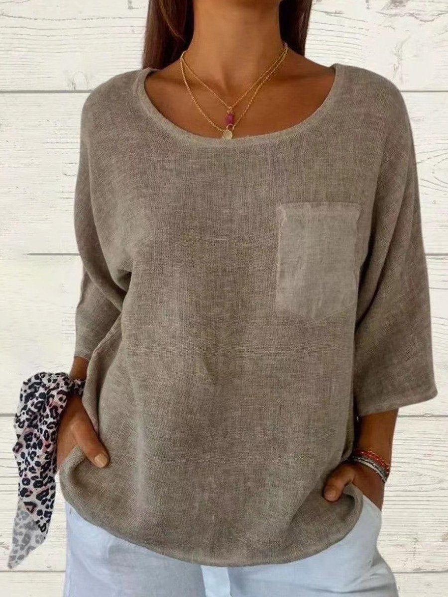 Women's Cotton And Linen Round Neck Shirt with Pockets