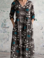 Women's V-neck Elegant Vintage Floral Pattern Cotton Shirt Dress