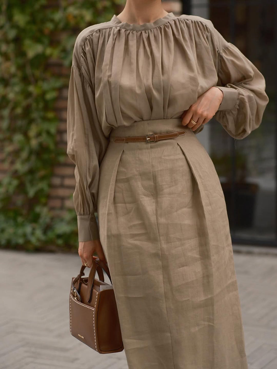 Pleated High Collar Shirt and Skirt Linen Two-piece Suit