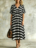 Women's Black and White Striped V-Neck Midi Dress - Casual Loose Fit Short Sleeve Caftan Maxi Dress