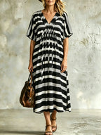 Women's Black and White Striped V-Neck Midi Dress - Casual Loose Fit Short Sleeve Caftan Maxi Dress