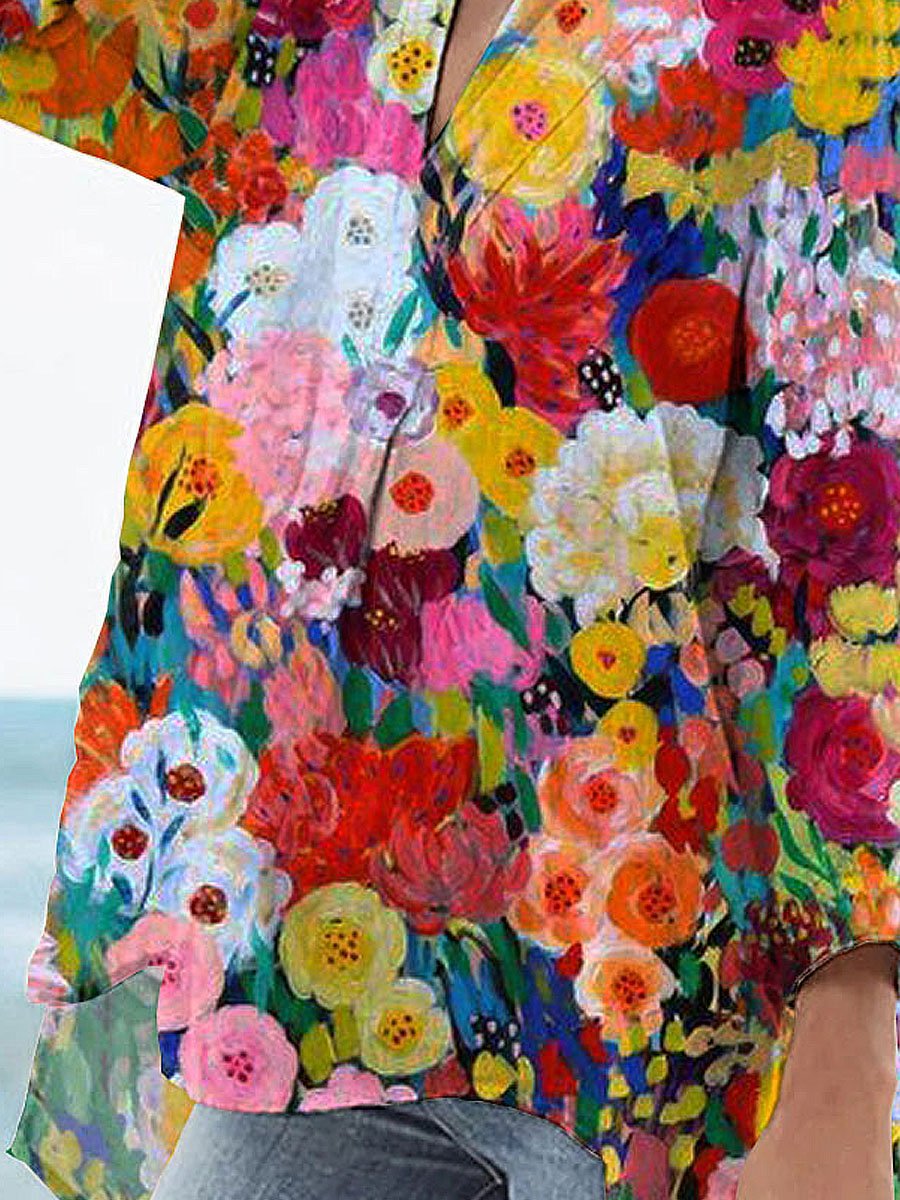 Women's Vintage Lovely Floral Art Print Casual Linen V-neck Shirt