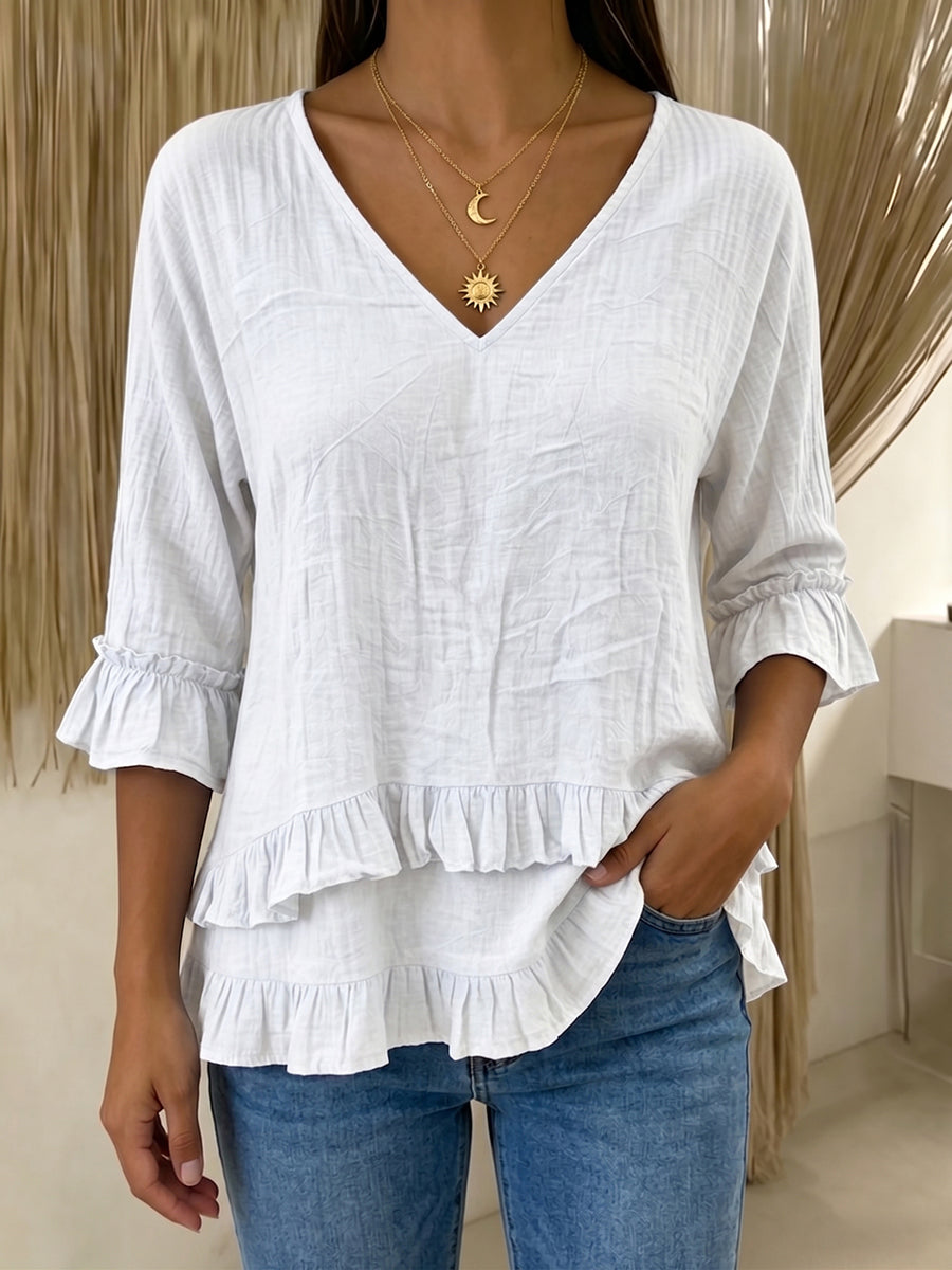 Casual Ruffled V-neck Cotton-linen Blouse Shirt