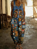 Women's Retro Floral Color-Blocked Art Print Washed Cotton Denim Patchwork Jumpsuit