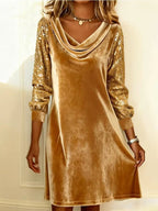 Women's Plain Gold Cowl Neck Comfortable Slit Joint Sexy Midi Dress