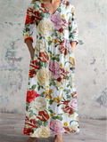 Women's V-neck Floral Print Cotton And Linen Dress With Pockets
