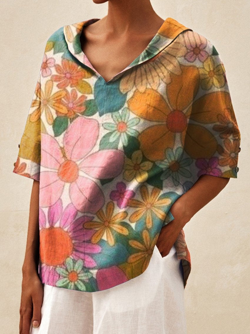 Women's Floral Art Print Casual Cotton And Linen Shirt
