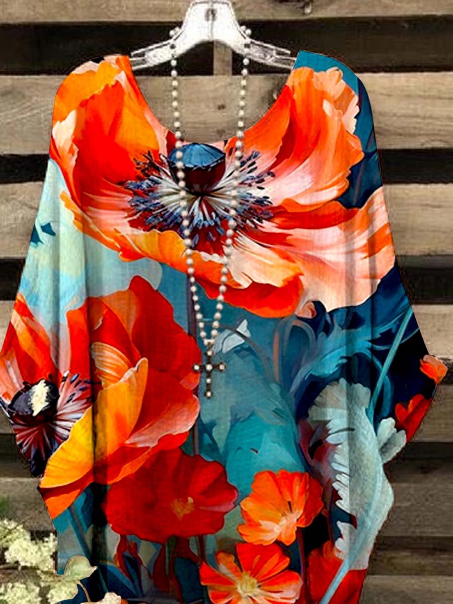 Women's V-Neck Art  Poppy Floral Print Top