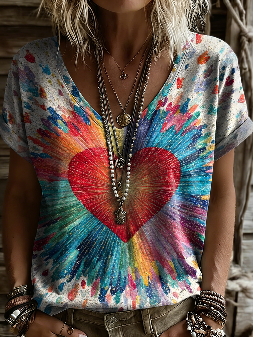 Women's Colorful Heart Art Print Casual Short-sleeve V-neck T-shirt