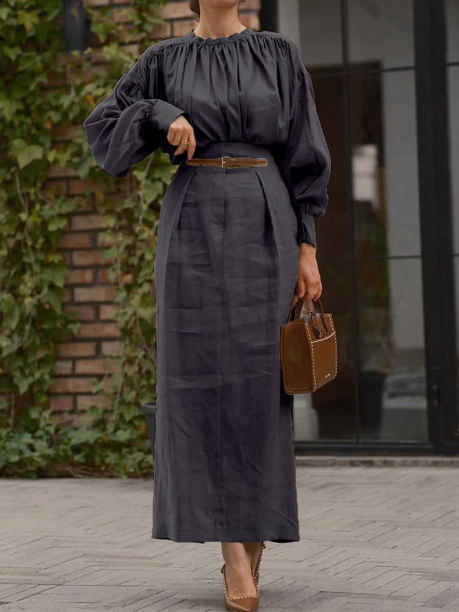 Pleated High Collar Shirt and Skirt Linen Two-piece Suit