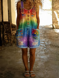 Retro Pride Month Rainbow Art Print Washed Cotton Denim Patchwork Jumpsuit