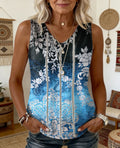 Women's Vintage Floral Print Artistic Openwork Cotton-linen V-neck Sleeveless Top
