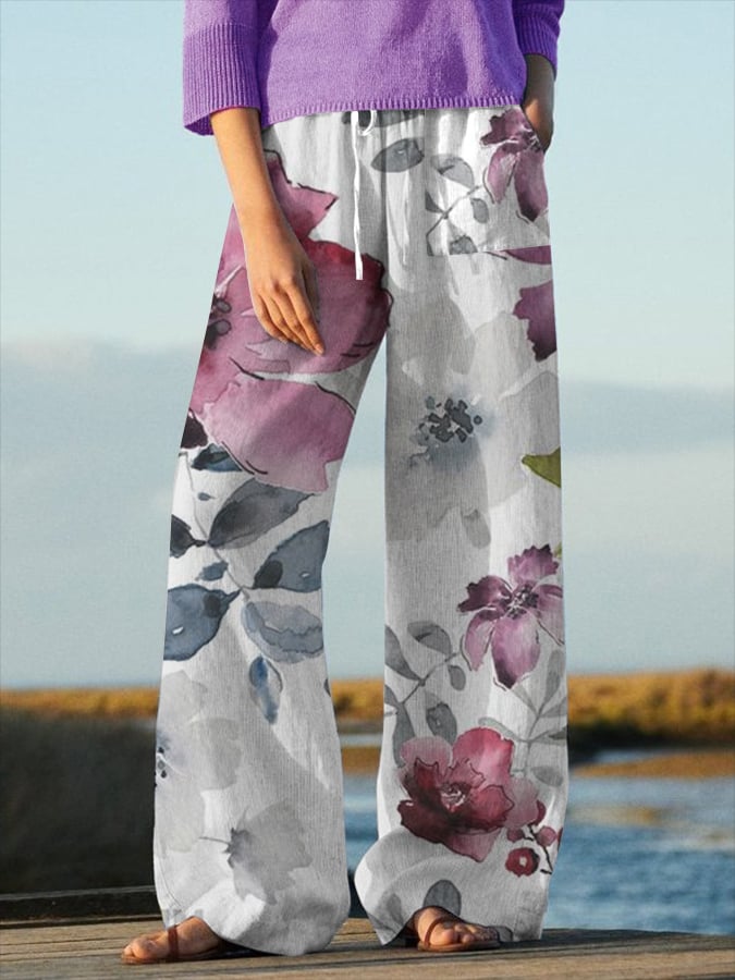 Women's Floral Design Lace-Up Elastic Waist Loose Casual Pants