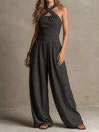 Boho Charcoal Crisscross Halter Pinstripe Wide-Leg Jumpsuit
