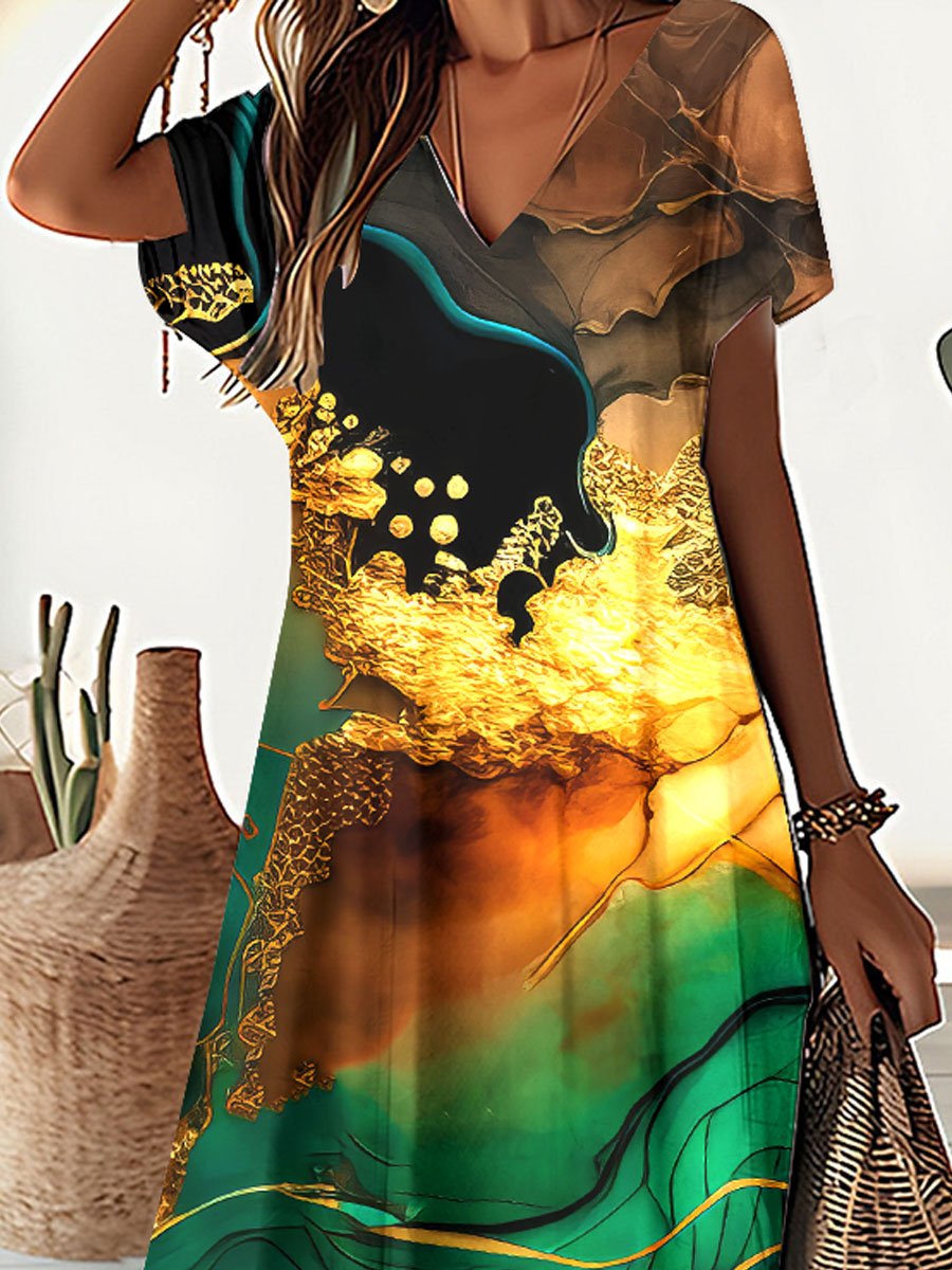 Women's Floral Alcohol Ink Art Print Pocket V Neck Long Dress Maxi Dress