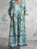 Women's V-Neck Temperament Irregular Pattern Long Sleeve Dresses