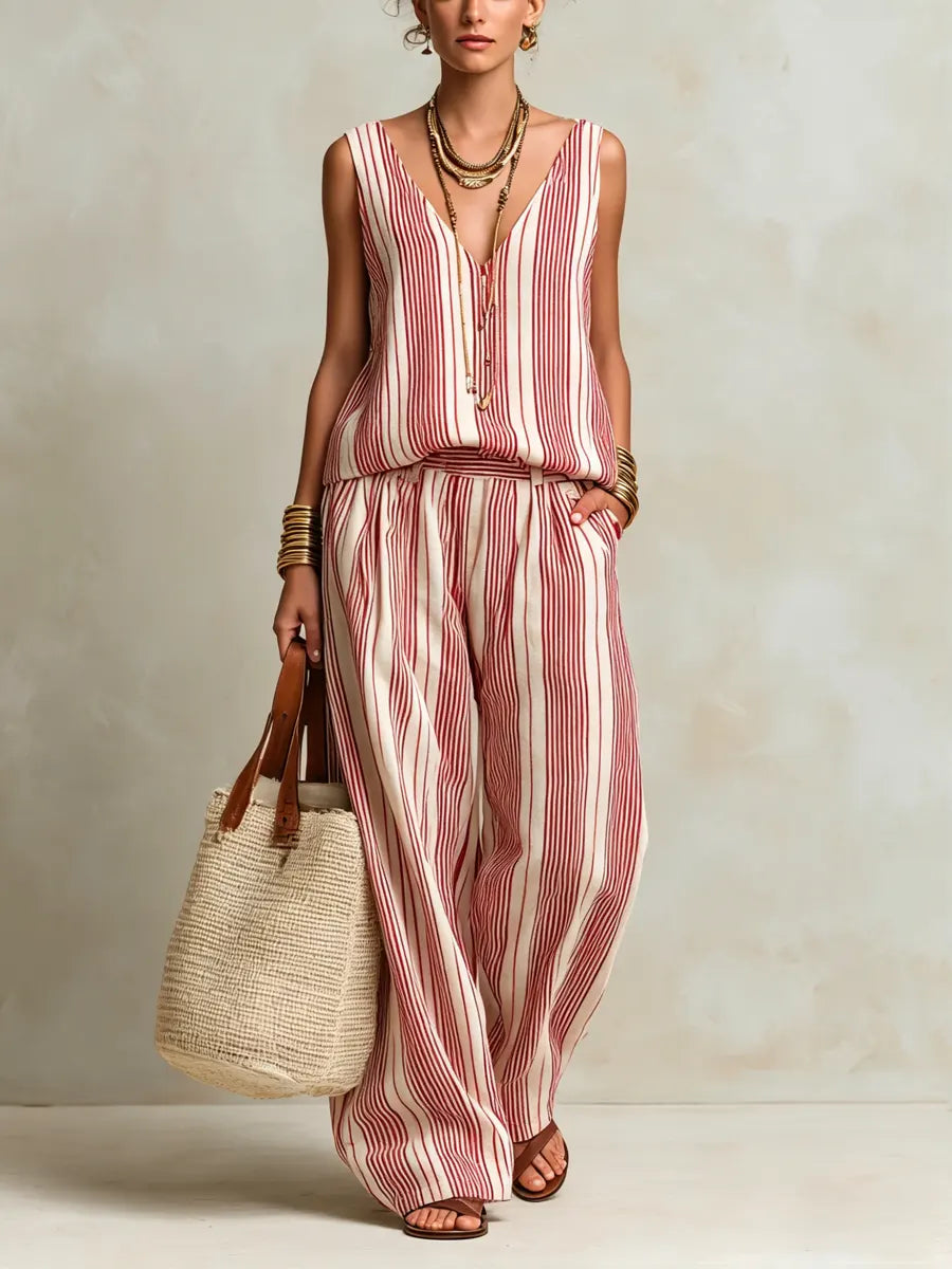 Women's Casual V-Neck Striped Top and Wide-Leg Pants Set