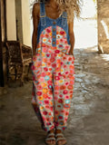 Women's Retro Floral Color-Blocked Art Print Washed Cotton Denim Patchwork Jumpsuit