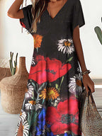 Women's V-Neck Poppy Flower Pattern Seaside Resort Style Dress