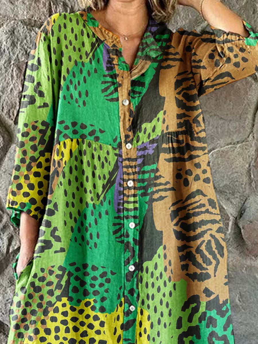 Women's Arty Leopard Print Cotton and Linen Shirt Dress