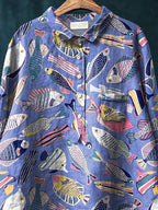 Coral Reef Fish Pattern Printed Women's Casual Cotton And Linen Shirt