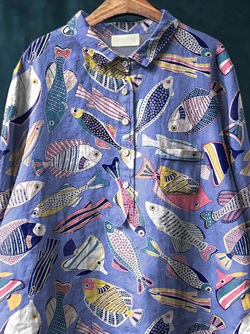 Coral Reef Fish Pattern Printed Women's Casual Cotton And Linen Shirt