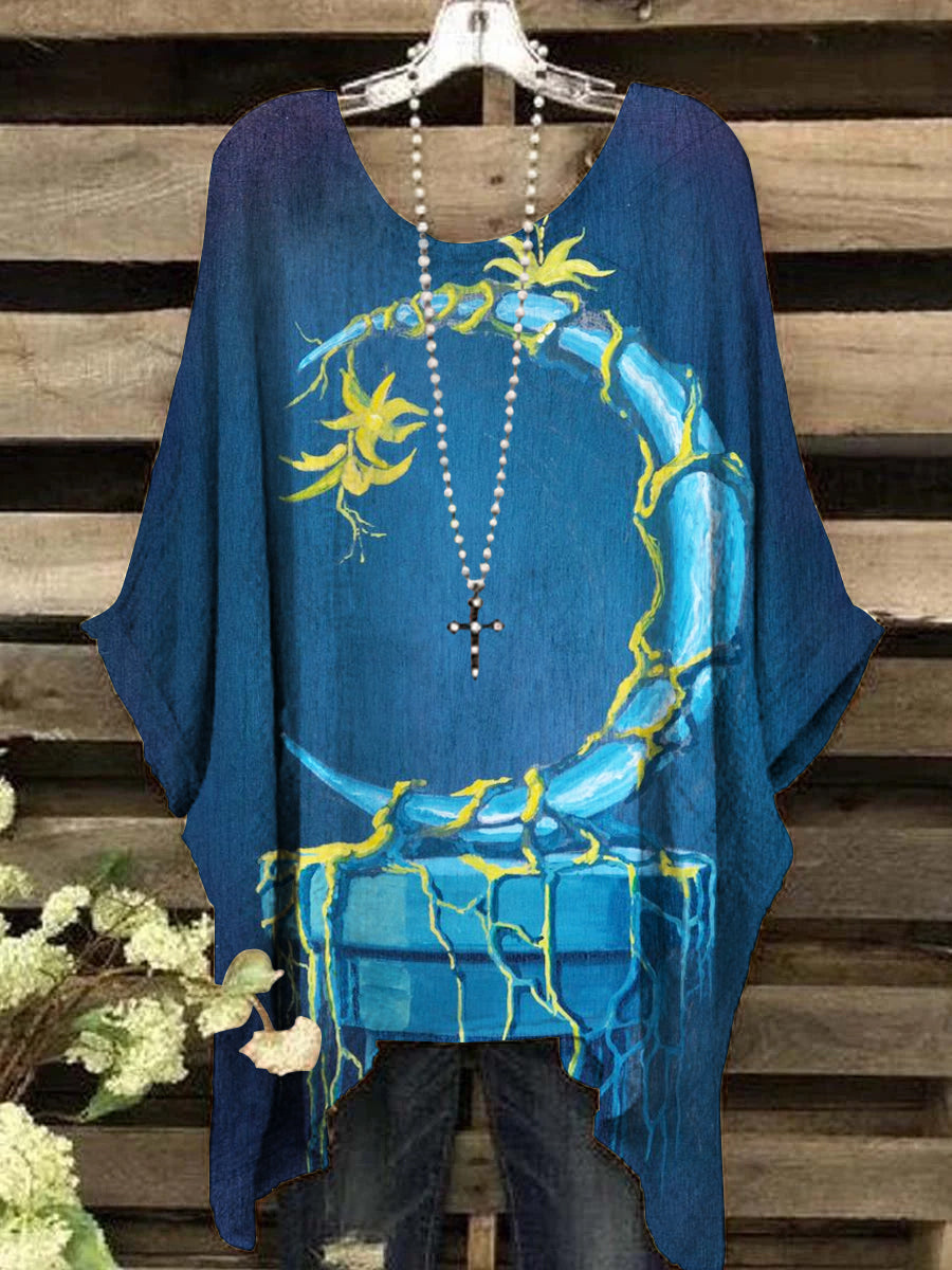 Women's Vintage Abstract Moon Pattern Round Neck Top