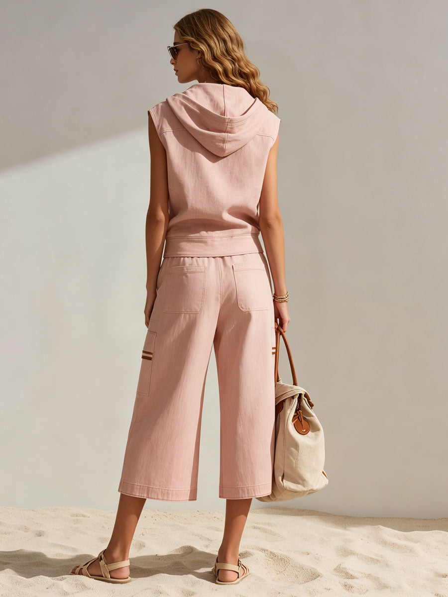 Stylish Casual Two-piece Set: Sleeveless Cotton Hoodie With Zipper And Pants