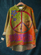 Women's Rainbow Color Retro Gradient Peace Sign Print Casual Cotton And Linen Shirt