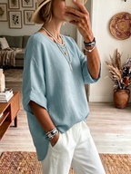 Minimalist Boat-neck Cotton-linen Shirt With Batwing Sleeves