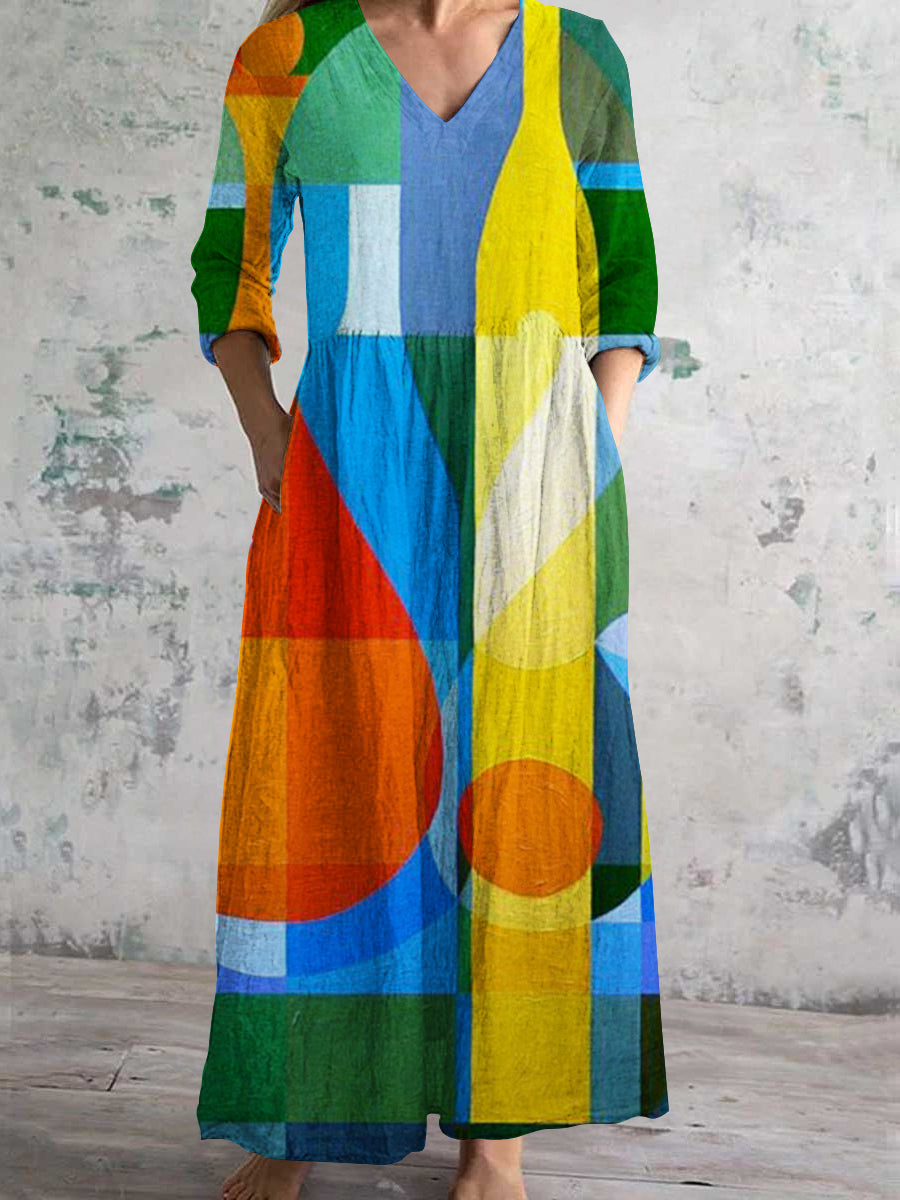 Women's V Neck Abstract Painting Art Print Cotton and Linen Pocket Dress