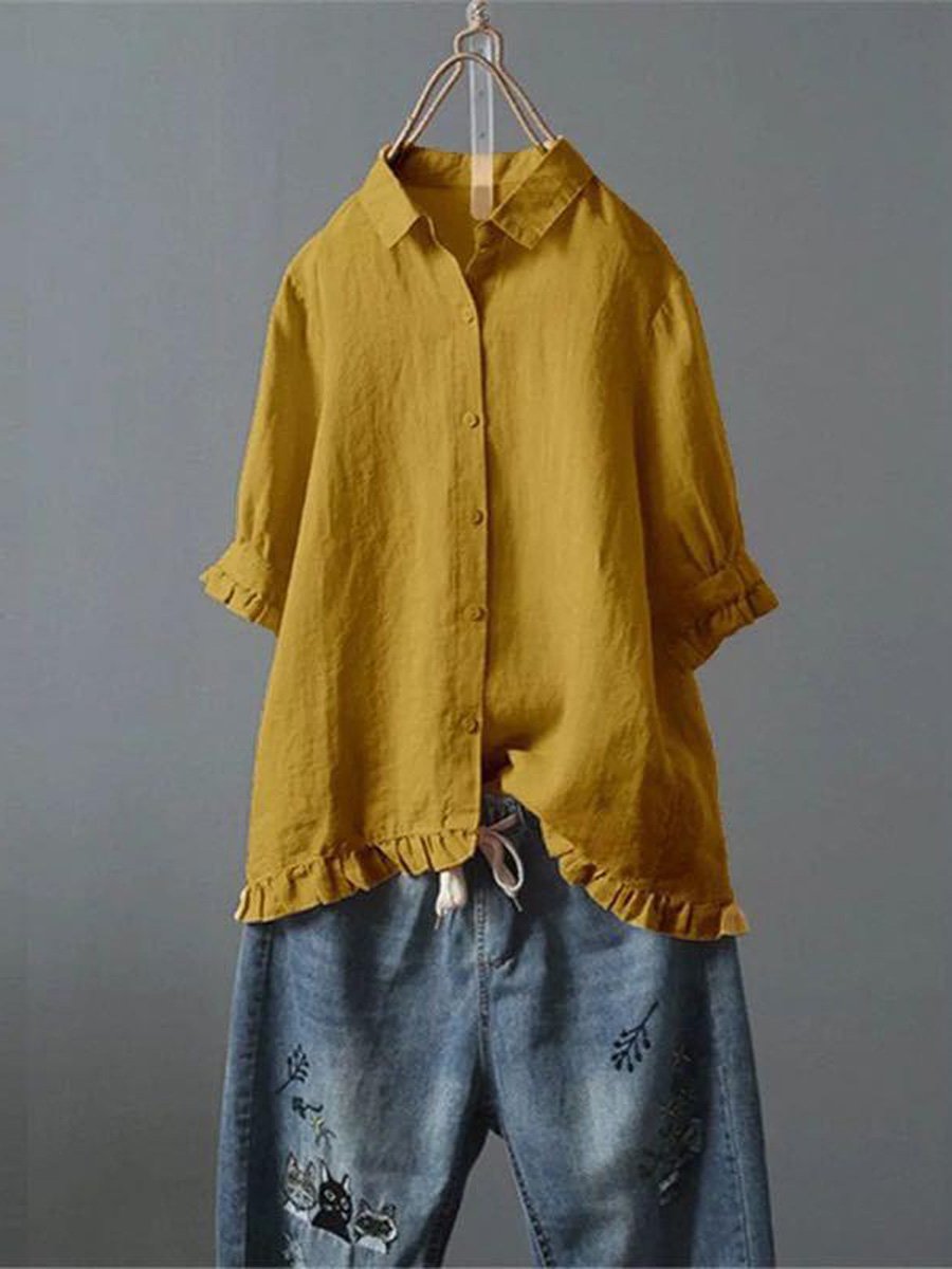 Women's Cotton and Linen Casual Single-Row Button Ruffle Shirt